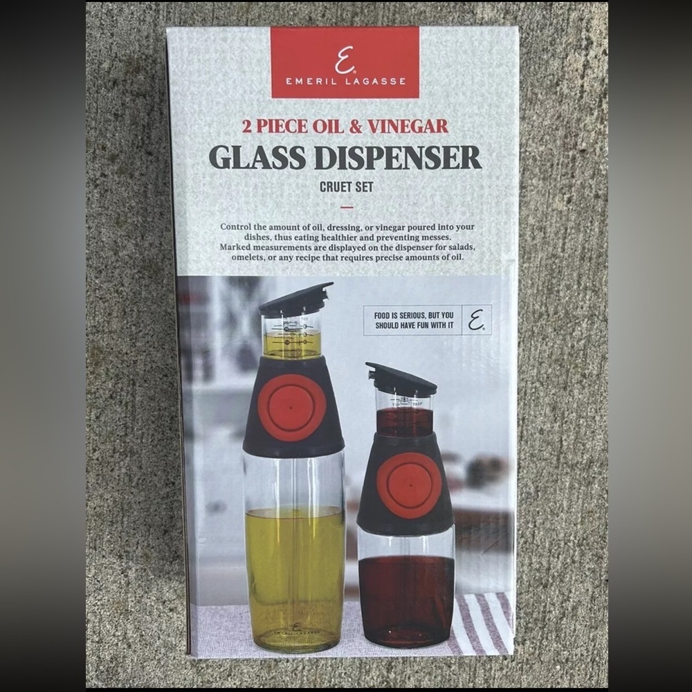 NEW Emeril Lagasse 2 Piece Oil & Vinegar Glass Dispenser Cruet Set